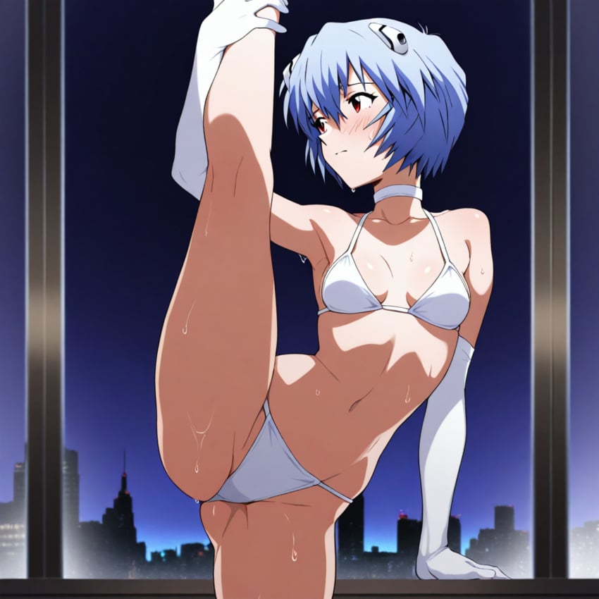 1girls ai_generated bikini blue_hair blush choker elbow_gloves flexible gloves leg_up looking_away navel neon_genesis_evangelion red_eyes rei_ayanami short_hair shy small_breasts solo solo_focus standing_split sweat sweatdrop sweating sweaty thong tosca