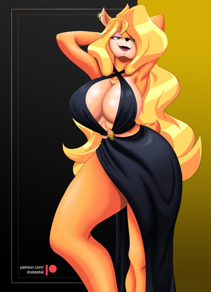 1girls 2022 absurd_res anthro bandicoot big_breasts black_dress blonde_hair crash_(series) crash_(series) dcelestial dress earrings female female_only green_eyes hands_behind_head inner_sideboob long_hair looking_at_viewer narrowed_eyes open_mouth sideboob smiling smiling_at_viewer solo tawna_bandicoot thick_thighs