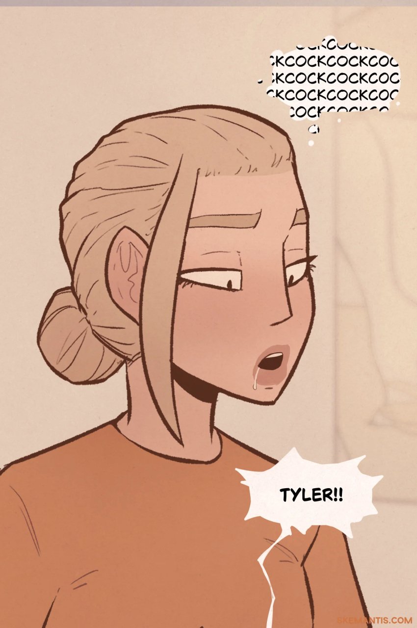 1boy 2d artist_website blonde_hair blonde_male comic drooling english_text femboy feminine_male hairbun human human_only light-skinned_male light_skin long_sleeves male_focus open_mouth orange_t-shirt orange_topwear original_character skemantis text thought_bubble tied_hair tyler_(skemantis)