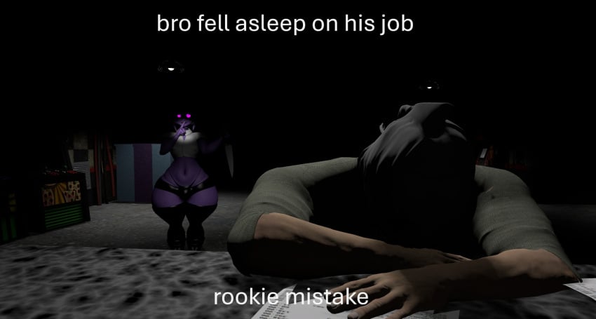 asleep back_room big_ass bubble_ass bubble_butt bulge femboy fnaf half_shirt imminent_death looking_at_another looking_at_viewer male male_only meme mishuyuu penis_bulge ponytail purple_body purple_guy_(fnaf) purple_hair security_guard sfm shortstack source_filmmaker text thick_ass thick_thighs thong_panties william_afton