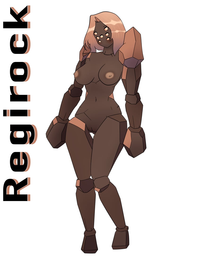 angular big_breasts breasts brown_body cheetahboiyt_(artist) curvy female female_only gijinka legendary_pokémon multi_eye orange_eyes orange_hair orange_nipples pokemon pokemon_(species) pokemon_rse pussy regirock rock seven_eyes shiny_pokemon stone_body