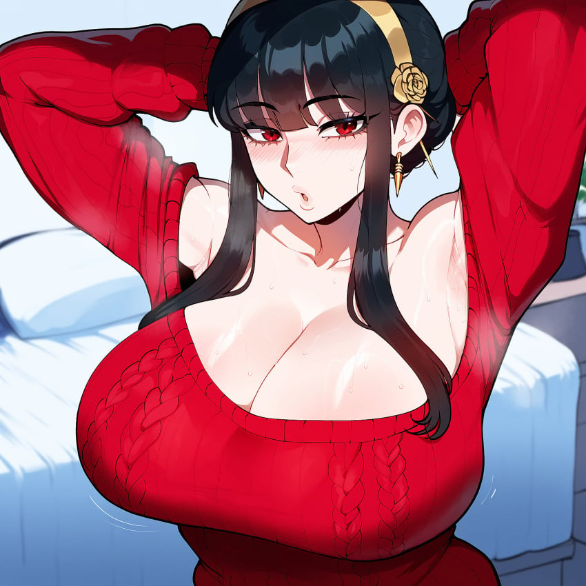 1girls ai_generated arms_up bed bedroom big_breasts big_breasts black_hair blush blush clothing dark_hair earrings female female_only gold_earrings juuicyai light-skinned_female red_eyes room sexy_armpits sexy_body sexy_pose smell smelly_armpits spy_x_family sweaty sweaty_breasts thick_body yor_briar yor_forger