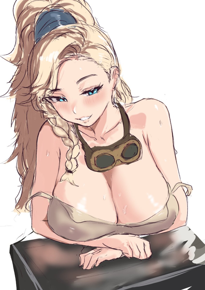 1girls 2025 2d 2d_(artwork) bare_shoulders big_breasts blonde_female blonde_hair blonde_hair_female blue_eyes blush blushing braid braided_hair breasts busty capcom cleavage color colored dh-zone dhzzone fanart female full_color gemma_(monster_hunter_wilds) goggles hair huge_breasts large_breasts light-skinned_female light_skin long_hair looking_at_viewer monster_hunter monster_hunter_wilds ponytail seductive smile smiling smiling_at_viewer sweat sweatdrop sweating sweaty sweaty_body tits video_game video_game_character video_game_franchise video_games wet wet_body