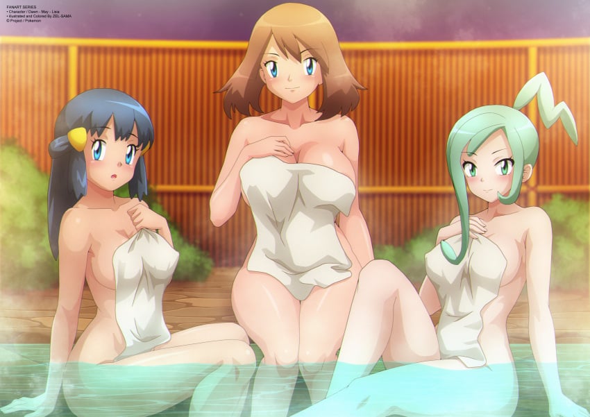 3girls alluring arm_support bamboo blue_eyes blue_hair blush brown_hair bush cleavage collarbone creatures_(company) dawn_(pokemon) fence game_freak green_eyes green_hair hair_ornament hairclip hand_on_own_chest large_breasts lisia_(pokemon) long_hair looking_at_viewer may_(pokemon) medium_breasts multiple_girls naked_towel night night_sky nintendo nude onsen open_mouth partially_submerged pokemon pokemon_dppt pokemon_oras pokemon_rse ponytail sitting sky smile soaking_feet star_(sky) starry_sky steam towel water zel-sama