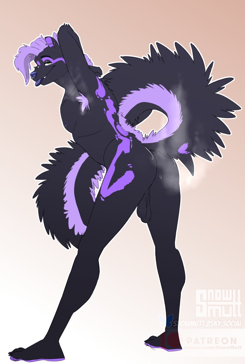 absurd_res anthro ass balls black_body black_fur fur genitals green_eyes hi_res lafayette_skunk male mammal mephitid musk musk_clouds musky_butt nude pinup pose presenting presenting_hindquarters purple_body purple_fur raised_tail skunk skunk_tail slim snowmutt solo tail thick_tail