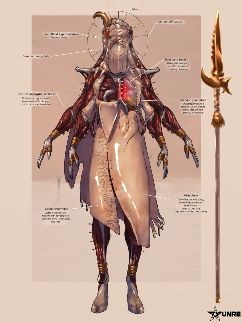 ambiguous_gender anthro body_horror clothing cross_section details exposed_muscle flayed gold_(metal) gold_rings gore halberd hi_res melee_weapon ombrelune polearm skin_monk skinsuit solo text tight_clothing tyunre weapon