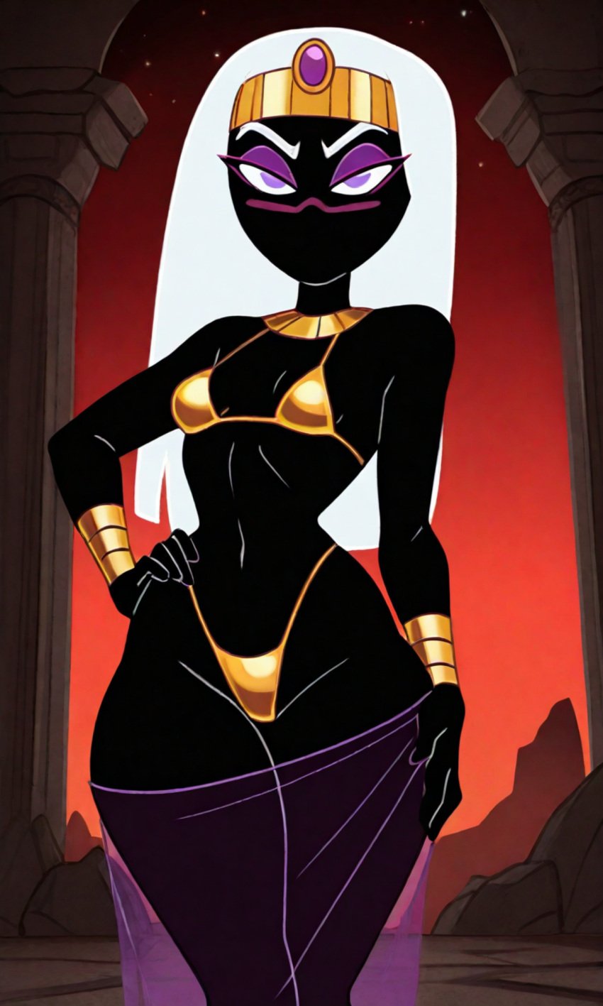 1girls ai_generated alien alien_girl bikini black_skin bracelet colored_skin crown duck_dodgers gold_bikini gold_jewelry half-closed_eyes hand_on_hip hourglass_figure jewelry long_hair looking_at_viewer necklace purple_eyes queen_tyr'ahnee see-through_clothing small_breasts solo_female solo_focus standing thick_thighs tosca white_hair