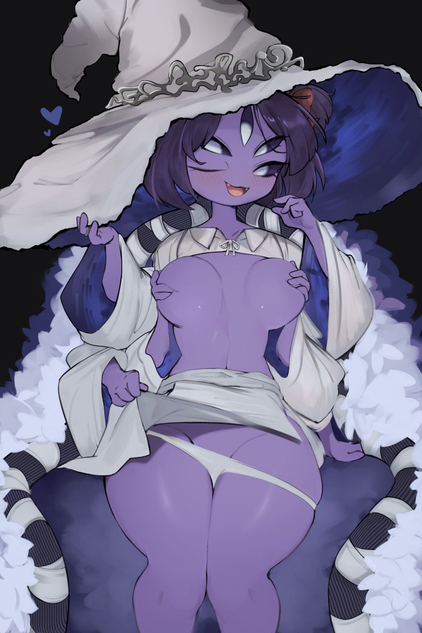 5_eyes 6_arms absurdres big_ass big_breasts breasts_out cosplay crossover elden_ring female_only hands_covering_breasts heart muffet multi_arm multi_limb purple_skin ranni_the_witch skirt_lift spider undertale undertale_(series) witch_costume witch_hat yoru_vida