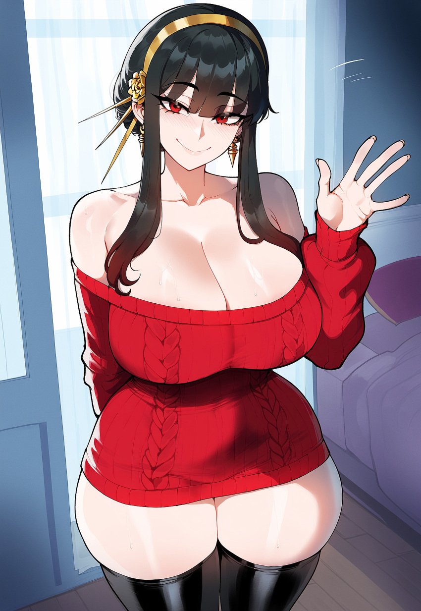 1girls ai_generated bed bedroom big_breasts black_hair blush blush clothing dark_hair earrings female female_only gold_earrings greeting juuicyai light-skinned_female panties red_eyes room sexy_body smile smiley_face spy_x_family sweaty thick_body thick_legs thick_thighs yor_briar yor_forger