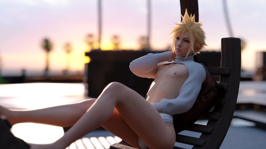 1boy 1human 1male 3d 3d_(artwork) 3d_model androgynous blonde_hair cloud_strife day daytime femboy femboy_focus femboy_only feminine_body feminine_faced_male feminine_male feminine_pose final_fantasy final_fantasy_vii final_fantasy_vii_remake green_eyes lean_body lean_muscle light-skinned_male light_skin male male_focus male_only scantily_clad skimpy_topwear slim_male solo solo_femboy solo_focus solo_male square_enix trist_ava underwear white_underwear yaoi