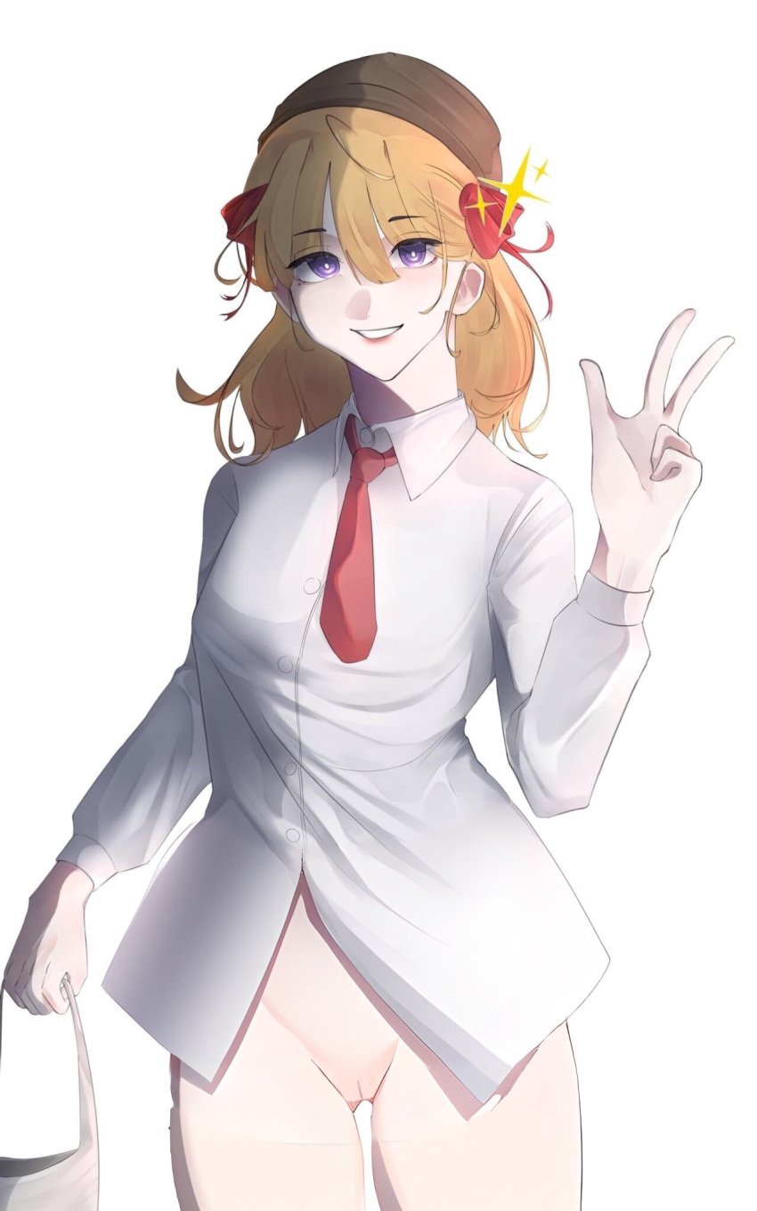 ai_generated ashley(tsbd) blonde_hair brown_hat female hair_tie half_nude jaki pussy red_tie traced tsbd violet_eyes white_shirt