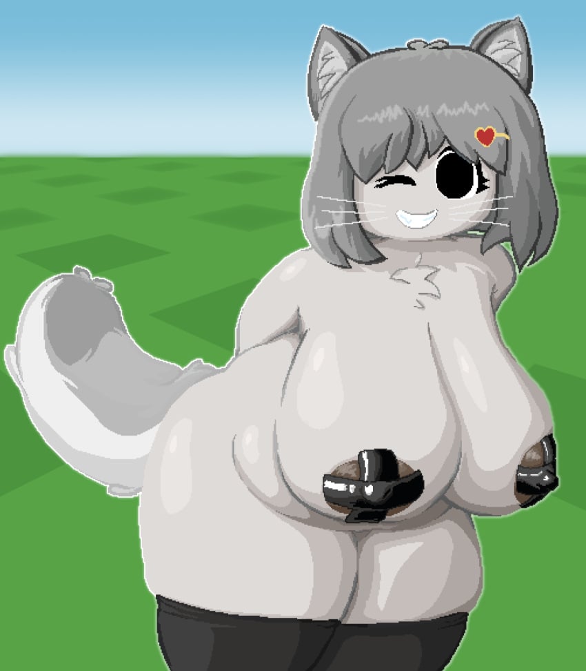 1girls arms_behind_back big_areola big_breasts black_legwear cat_ears cat_girl cat_tail chubby chubby_belly chubby_female fluffy_tail grey_body grey_fur grey_hair noscope360 patch pixel_art plaster roblox roblox_avatar roblox_background robloxian self_upload smiling solo_female thick_thighs whiskers winking