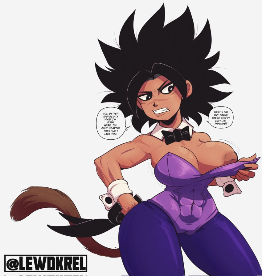 1girls abs abs_visible_through_clothing big_breasts black_hair bowtie breasts brown_fur brown_tail bunnysuit caulifla dragon_ball dragon_ball_super english_text exposed_breast female krello_after_dark muscular muscular_female pulling_clothing pussy_grip pussy_visible_through_clothes pussy_visible_through_leotard saiyan saiyan_tail scars solo tail tan-skinned_female text text_bubble universe_6 universe_6/universe_7