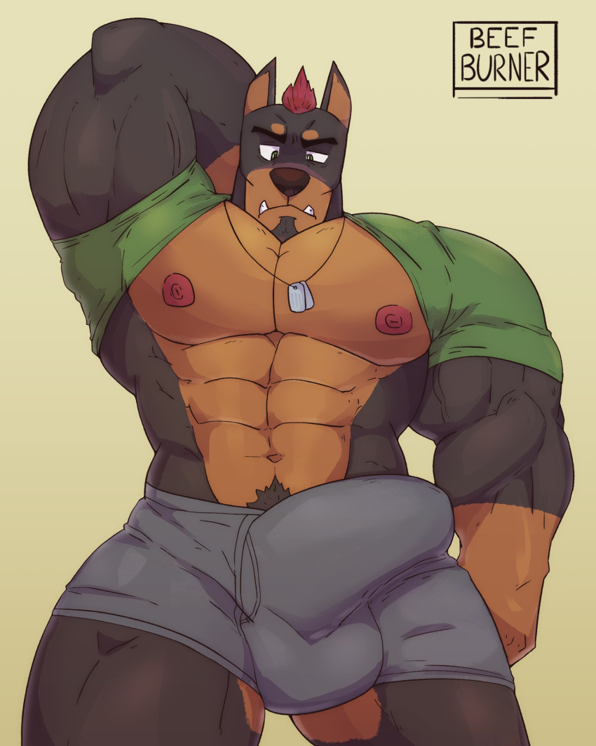 anthro balls bara beefburner big_balls big_penis boner bulge canine canine dobermann erection erection_under_clothes furry hand_behind_head male male_only muscles muscular penis solo solo_male