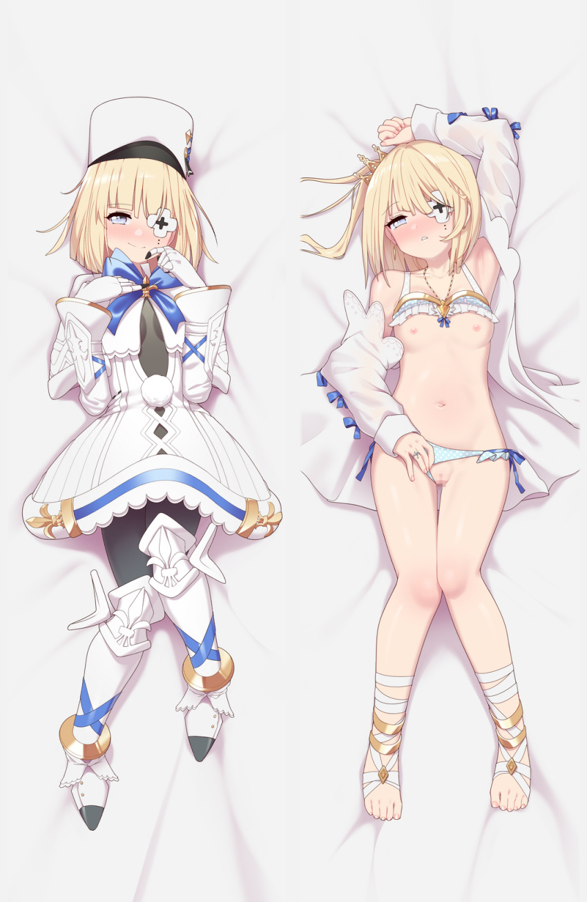 anklet armored_boots armored_gloves azur_lane black_bodysuit black_pantyhose blonde_hair blue_panties blush bob_cut bodysuit bodysuit_under_clothes boots bra breasts censored closed_mouth clothing_aside crown dakimakura_(medium) dress eyepatch feet female frilled_bra frills full_body grey_eyes hat highres jewelry knees_together_feet_apart le_terrible_(azur_lane) le_terrible_(silence_slumber_and_solace)_(azur_lane) looking_at_viewer lying maidforge mini_crown mosaic_censoring multiple_views nipples official_alternate_costume on_back panties panties_aside pantyhose pussy ring shako_cap short_hair small_breasts smile thigh_gap toes underwear wedding_ring white_dress white_footwear