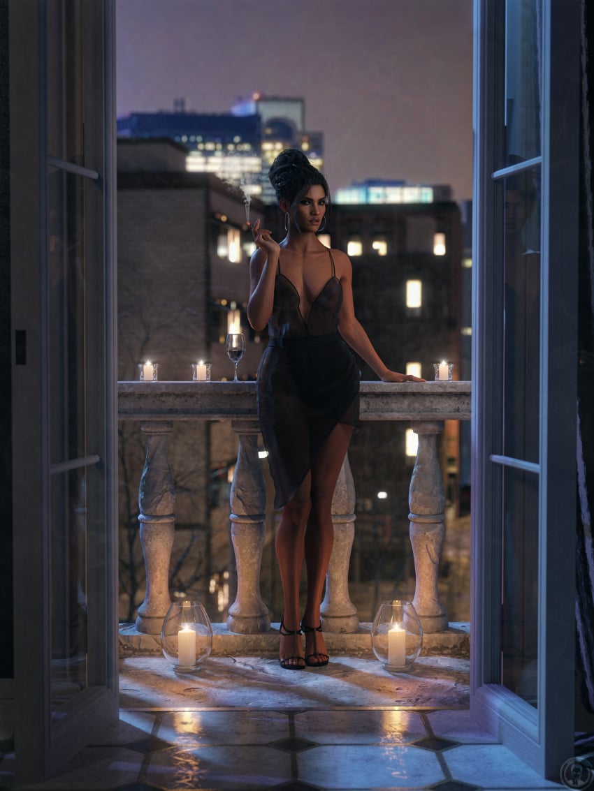 1female 1girls 1woman 3d 3d_(artwork) 3d_model balcony black_dress breasts brown_eyes candle cd_projekt_red cleavage cyberpunk_2077 dark_brown_hair date_night dress female female_focus female_human female_only feminine feminine_body feminine_pose greengiant3d hair_bun high_heels jewelry legs looking_at_viewer looking_at_you night nighttime nipples_visible_through_clothing panam_palmer piercings romantic_ambiance romantic_night see-through see-through_dress slim_girl slim_waist smoking smoking_cigarette solo solo_female solo_focus standing tan_skin tan_skinned_female toes wine_glass