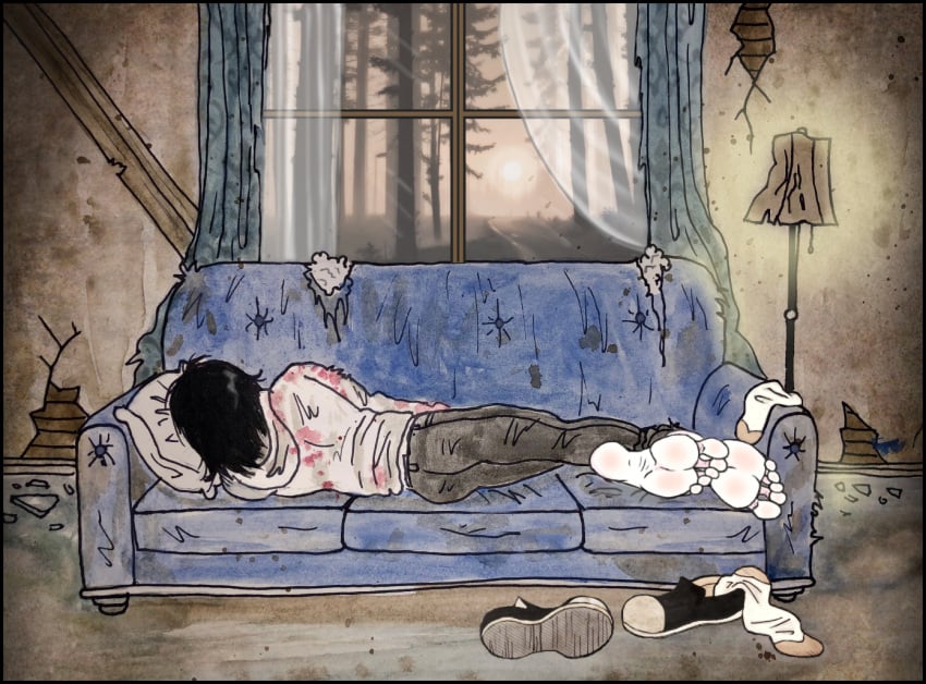 abandoned_house barefoot black_hair creepypasta foot_fetish jeff_the_killer kaijuboy male_feet male_foot_fetish male_only pale_skin sneakers socks socks_and_shoes socks_removed