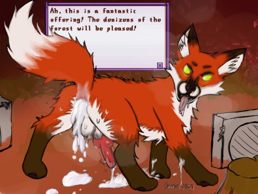 animal_genitalia animal_penis anus balls bodily_fluids canid canine canine_genitalia canine_penis cum cum_drip cum_in_ass cum_inside cum_on_penis dialogue_box dripping drooling erection erunas excessive_cum excessive_genital_fluids facial_markings feral fluffy_balls fox fox_spirit fur gaping gaping_anus genital_fluids genitals glowing glowing_eyes head_markings hi_res knot leg_markings male mammal markings motion_lines multicolored_body multicolored_fur musk musk_clouds open_mouth orange_body orange_fur paws penis quadruped raised_tail saliva sex sheath socks_(marking) solo spirit spread_legs spreading sweat sweatdrop tail throbbing_penis