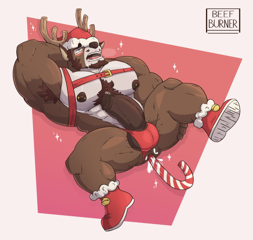 anal_insertion anthro armpit_hair balls bara beefburner big_balls big_penis boner candy_cane candy_cane_insertion christmas erection facial_hair furry hand_behind_head male male_only muscles muscular penis reindeer santa_hat solo solo_male spread_legs