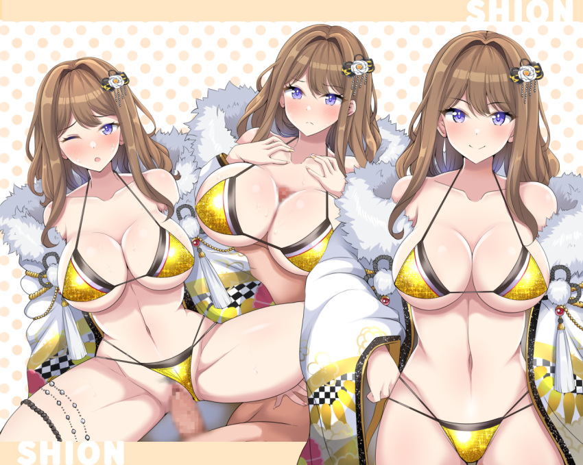 1boy 1girls bare_shoulders bikini blush breasts breasts_squeezed_together brown_hair censored cleavage collarbone cowgirl_position dain_(bishop_m) dolphin_wave female fur-trimmed_jacket fur_trim hair_ornament jacket large_breasts light-skinned_female light-skinned_male light_skin long_hair long_sleeves looking_at_viewer multiple_views navel nude off_shoulder one_eye_closed open_mouth paizuri penis purple_eyes pussy sex sidelocks smile straddling straight suminoe_shion swimsuit thighs vaginal_penetration white_jacket yellow_bikini