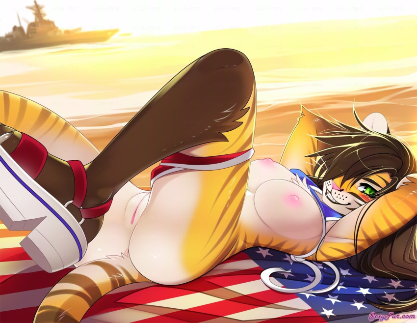 american_flag battleship beach bikini bikini_top_removed blush breasts brown_hair clothing felid feline felis female female_only fur furry furry_only green_eyes hi_res long_hair lying pants_around_one_leg partially_clothed pinup platform_footwear pussy sandals smile tail tiger tsampikos