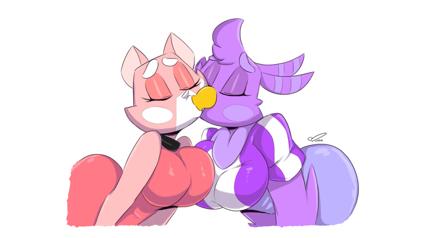 2girls big_ass big_breasts bird_humanoid cat_humanoid kissing lbqueen-222 lesbian_kiss melissa_morgan multiple_girls shima_luan super_planet_dolan yuri