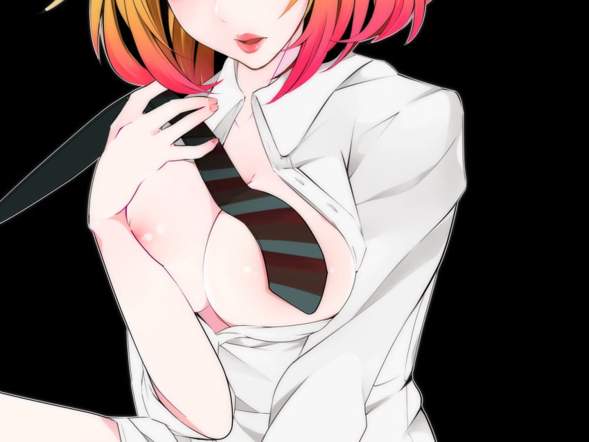 alternate_version_available angels_of_death big_breasts blonde_hair breasts_focus catherine_ward d0r0richi female nipples pink_hair red_lipstick satsuriku_no_tenshi tie two_tone_hair unbuttoned_shirt white_shirt white_skin