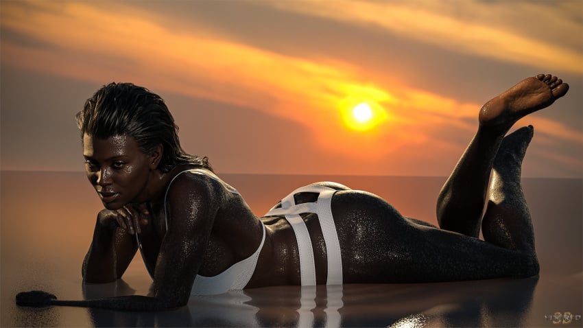 1female 1girls 1woman 3d 3d_(artwork) 3d_model big_ass big_butt dark-skinned_female dark_skin female female_focus female_human female_only feminine feminine_body juicy_butt lailah_(vitergo3d) looking_at_viewer lying_on_sand melanin oc ocean original original_character original_female_character paradise sunset thick_ass vacation vitergo3d wet wet_body wet_hair wet_skin white_swimsuit