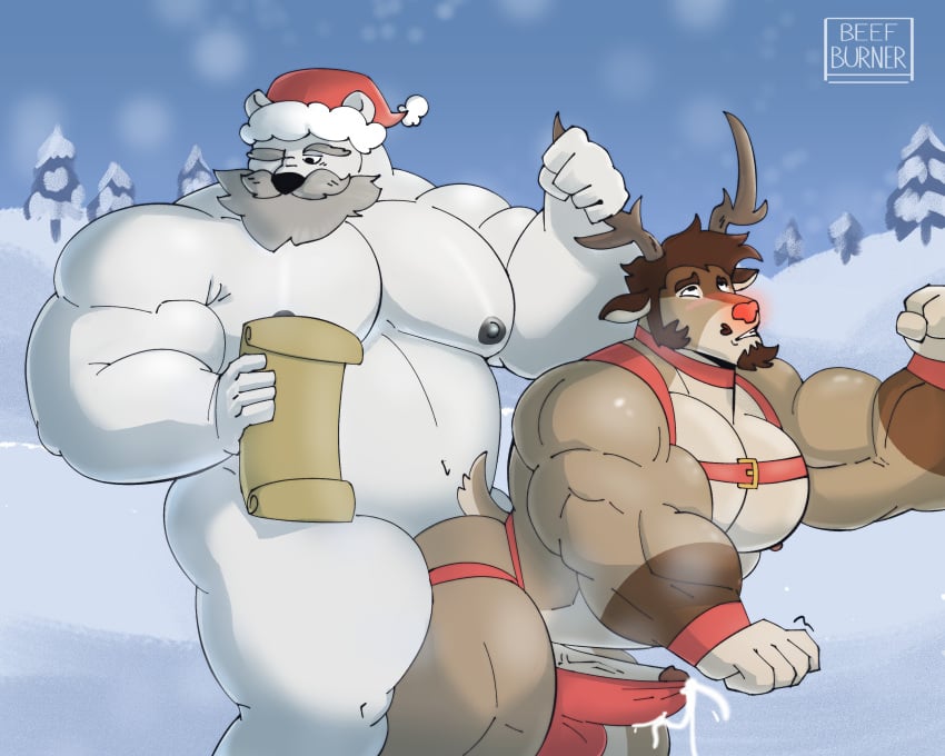 anal anal_sex anthro balls bara beard beefburner big_balls big_penis blush christmas cum facial_hair furry gay male male_only muscles muscular nude orgasm penis polar_bear reindeer santa_claus sex ursid