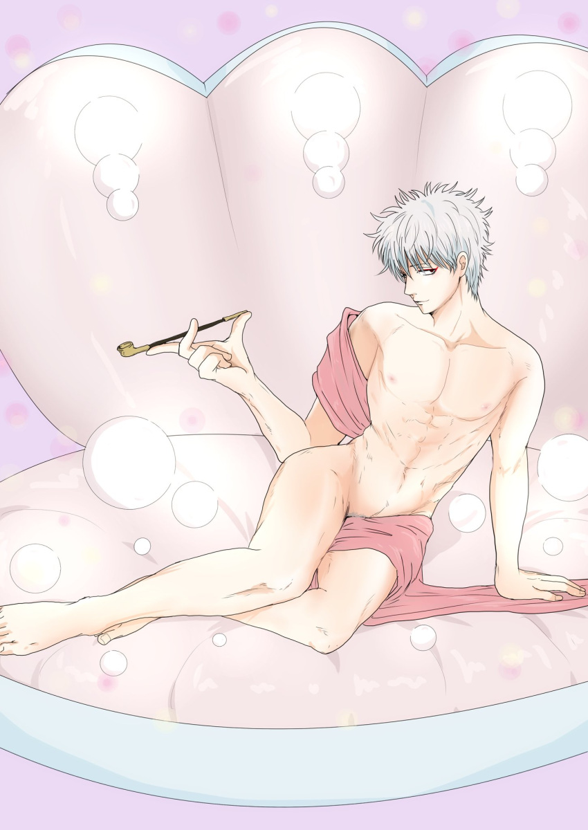 clam clam_shell convenient_censoring eyeliner full_body gintama gintoki_sakata kiseru looking_at_viewer makeup male male_only muscular nude pipe reclining sakatsuki smile smoking smoking_pipe solo toned toned_male white_hair