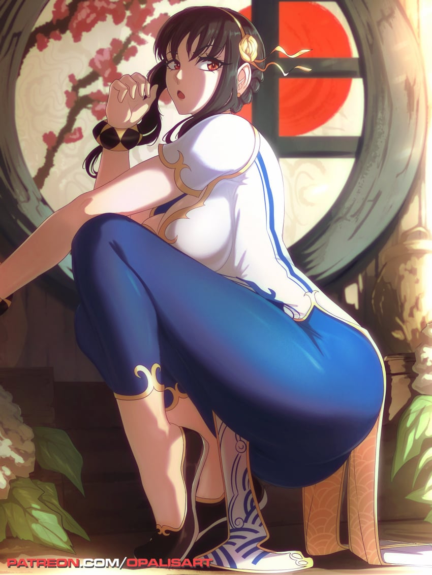 1girls ass assassin ballet_slippers big_ass big_breasts brown_hair chun-li chun-li_(cosplay) cosplay crossover_cosplay crouching female female_human female_only human leggings mature_female on_tiptoe opalisart side_view sideboob slim_waist spy_x_family street_fighter street_fighter_6 thick_thighs thorn_princess tight_clothes tight_clothing tight_fit tight_pants tiptoes wide_hips yor_briar yor_forger