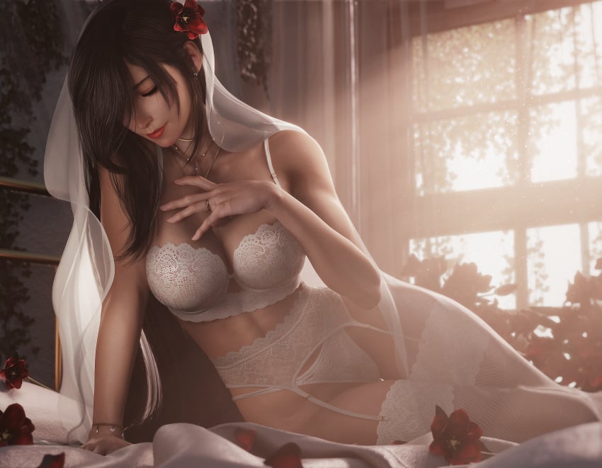 1girls 3d 3d_(artwork) arm_support bedroom black_hair blender bracelet breasts bride closed_eyes day earrings female female_focus final_fantasy final_fantasy_vii final_fantasy_vii_rebirth final_fantasy_vii_remake fit_female flower_in_hair flowers garter_belt garter_straps hair_over_one_eye highres indoors large_breasts long_hair necklace on_bed red_lipstick ria-neearts ring sitting_on_bed smile thighhighs tifa_lockhart wedding_band wedding_lingerie wedding_ring white_lingerie window yokozuwari