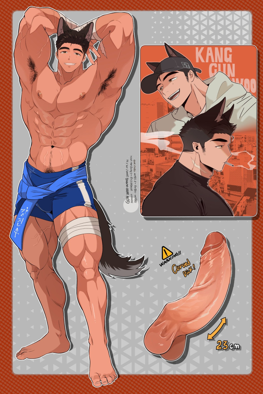 abs animal_ears armpit_hair armpits arms_up bandaged_hand bandaged_leg bandages bara baseball_cap black_hair cigarette clothes_around_waist dark-skinned_male dark_skin disembodied_penis dog_boy dog_ears dog_tail english_text erection full_body gun_woo_kang_(ten_g89) hat highres large_pectorals large_penis looking_at_viewer male_focus male_only male_pubic_hair male_swimwear mole mole_under_eye multiple_views muscular muscular_male navel navel_hair nipples original pectorals penis profile pubic_hair pubic_hair_peek sideburns smile smoke swim_trunks tail ten_g89 tenji_(ten_g89) testicles topless_male upper_body