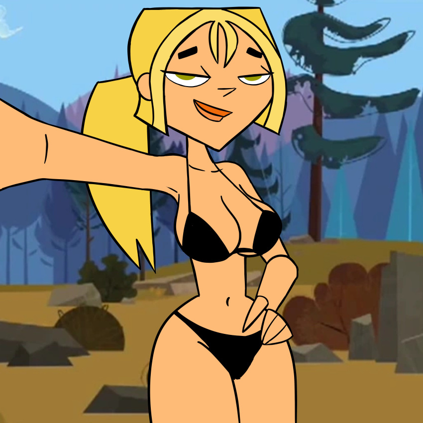 1girls 3d big_breasts blonde_hair bridgette_(tdi) canoartnsfw green_eyes outside ponytail_hair sagging_breasts total_drama_island