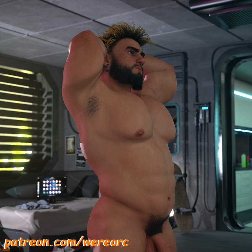 1boy 3d 3d_(artwork) 3d_model abs armpit_hair ballsack bara beard beefy beefy_boy dick_root dwarf dwarf_male dyed_hair earrings facial_hair flaccid_cock flaccid_penis human indoor_nudity indoors male male_nipples male_only male_pubic_hair manly musclegut muscles muscular_male mustache nude_male original original_character pecs penis scrotum smooth_penis smooth_skinned_male solo wereorc_(artist)