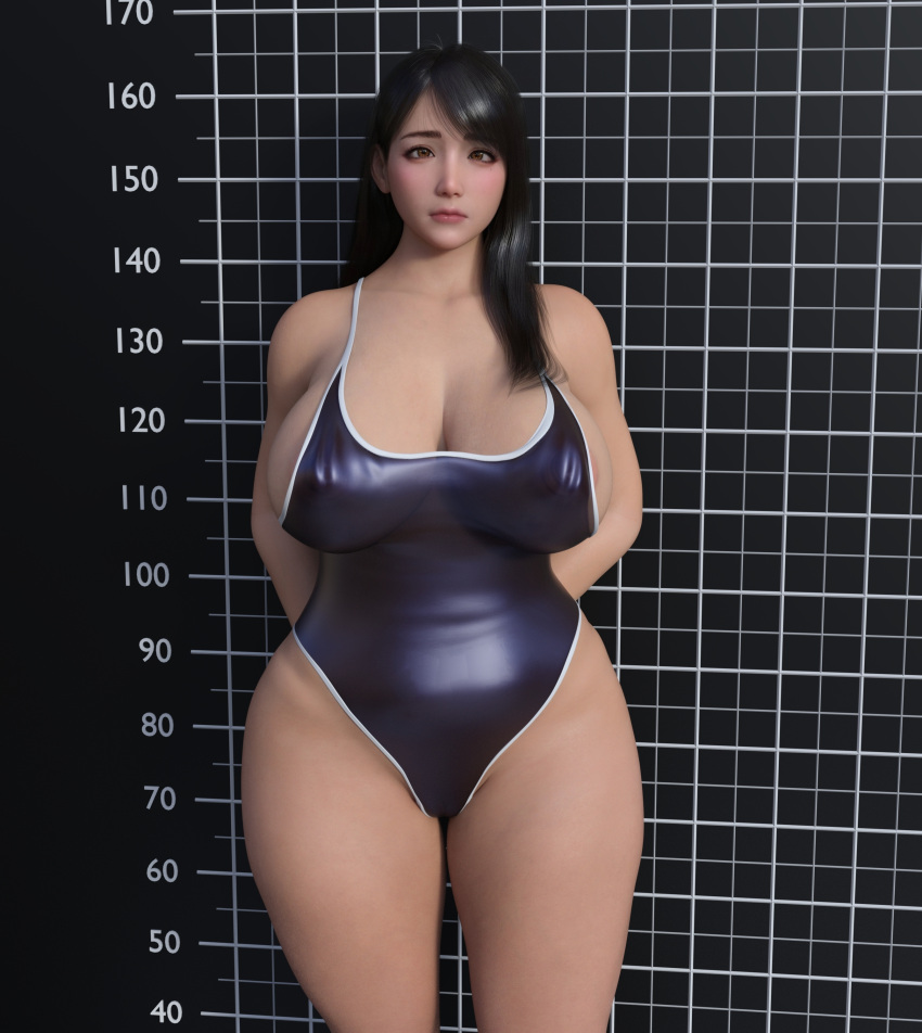 3d 3d_(artwork) black_hair breasts large_breasts long_hair one_piece_swimsuit original original_character puffy_nipples queltza thick_thighs wide_hips