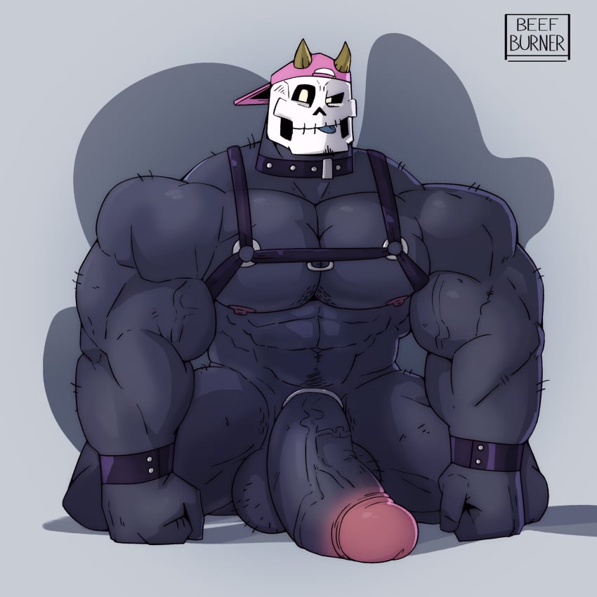 backwards_baseball_cap balls bara baseball_cap beefburner big_balls big_penis black_body boner cock_ring duncan_(beefburner) erection harness horns male male_only muscles muscular on_hands_and_knees penis penis_on_floor skull skull_head solo solo_male tongue_out