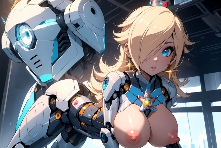 ai_generated big_breasts blonde_hair blue_eyes breast_outside breasts_out futuristic hanging_breasts joints long_hair mario_(series) nintendo nipples pierced_ears ponceai princess_rosalina robot robot_girl robot_humanoid robotic_arm super_mario_galaxy twitter_username wii