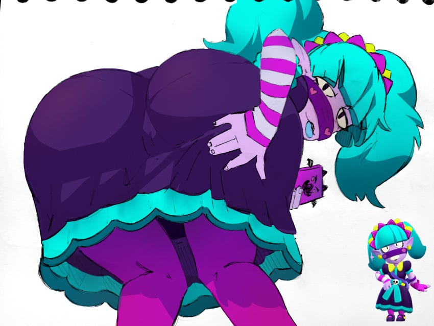 1girls ass ass_focus ass_grab ass_up bent_over blue_tongue brawl_stars emz_(brawl_stars) green_hair harajuku_emz large_ass looking_at_viewer looking_back mayodeoz pink_skin pink_socks skirt skirt_lift skirt_pull smile stockings tongue_out