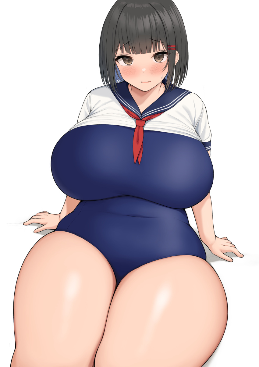 1girls blush breasts brown_eyes brown_hair chubby embarrassed female hi_res hips huge_breasts light-skinned_female light_skin naughty_face neneneji original original_character short_hair skindentation thick_thighs thighs voluptuous wide_hips