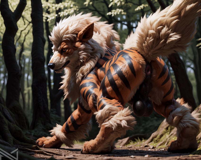 ai_generated alternate_version_at_source anatomically_correct anatomically_correct_genitalia animal_genitalia anus arcanine ass balls canid canine canis detailed detailed_background detailed_fur feral fur generation_1_pokemon genitals hair hi_res light lighting looking_at_viewer looking_back looking_back_at_viewer male mammal notte nude orange_body pokemon pokemon_(species) portrait presenting presenting_hindquarters raised_tail realistic shaded soft_shading solo stripes