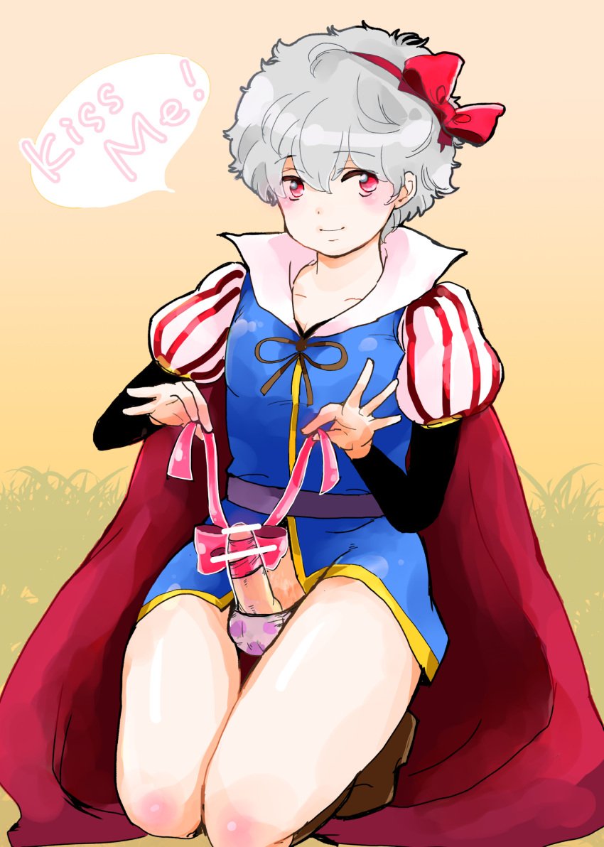 alternate_costume balls_in_panties bar_censor blush censored cosplay crossdressing crossover erection femboy full_body gintama gintoki_sakata hair_ribbon kneeling male male_only panties penis penis_out pixiv_id_1152747 red_eyes ribbon ribbon_on_penis sitting smile snow_white_(cosplay) snow_white_and_the_seven_dwarfs solo thick_thighs white_hair