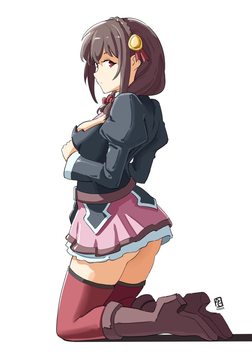 1girls ass automatic_giraffe belt big_ass black_jacket braid breasts crown_braid female female_only full_body high_heels highres jacket juliet_sleeves kneeling kono_subarashii_sekai_ni_shukufuku_wo! layered_skirt long_sleeves looking_at_viewer low_twintails medium_breasts medium_hair microskirt miniskirt pink_skirt profile puffy_sleeves red_eyes red_footwear red_thighhighs shoes simple_background skirt solo thighhighs twintails white_background yunyun_(konosuba)