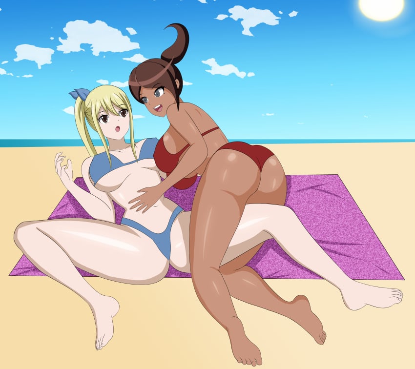 2girls anoneysnufftan applying_sunscreen asahina_aoi beach beach_towel bikini blonde_hair brown_hair danganronpa dark-skinned_female dark_skin edasbild embarrassed fairy_tail female female_only humiliation imminent_death killer_lotion lucy_heartfilia massage murder ocean peril punishment rubbing sand seaside sky snuff summer sunbathing swimsuit towel