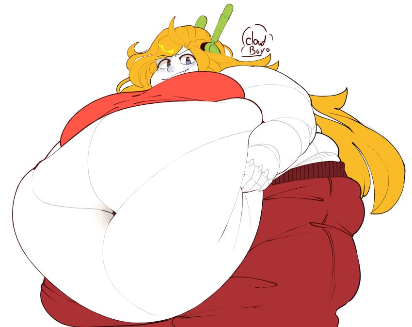 belly_overhang blonde_hair cave_story cloudboyo curly_brace huge_belly long_hair looking_at_viewer morbidly_obese_female overweight robot_girl