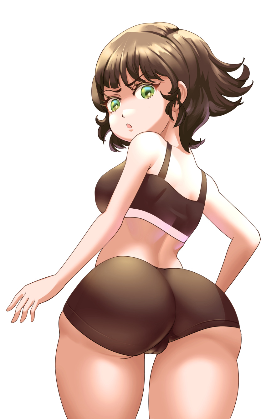 annoyed_face bike_shorts black_hair buttercup_(powerpuff_girls) cjhomics female female_only green_eyes looking_at_viewer looking_back powerpuff_girls short_hair shorts solo solo_female sports_bra