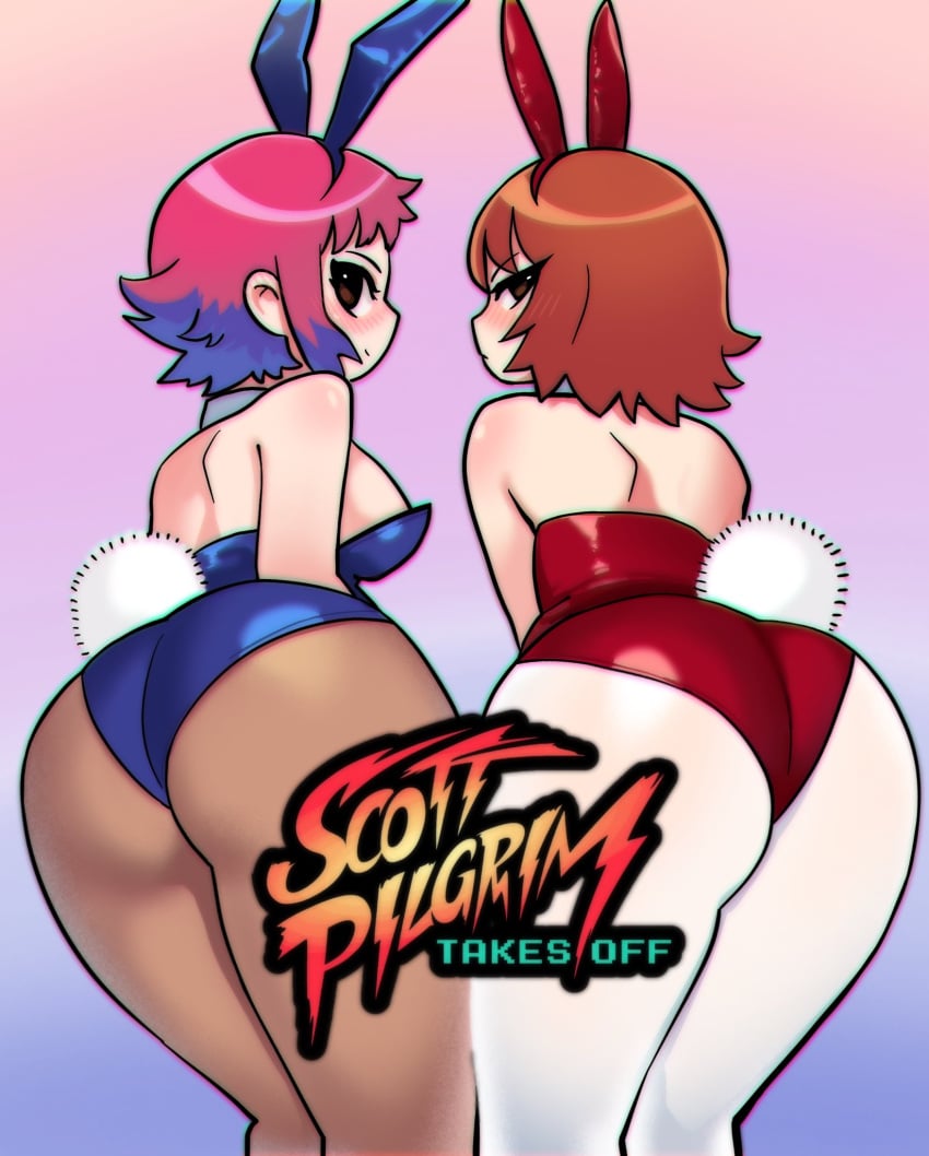 2girls aa2mee ass ass_focus bare_shoulders blush brown_eyes brown_hair bunny_ears bunny_tail bunnysuit female female_only kim_pine light-skinned_female light_skin looking_at_viewer looking_back pink_hair purple_hair ramona_flowers rear_view scott_pilgrim scott_pilgrim_takes_off short_hair two_tone_hair