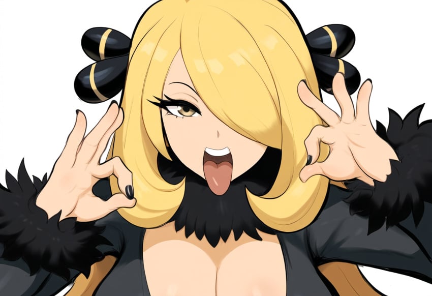 1girls ai_generated blonde_female blonde_hair cynthia_(pokemon) facing_viewer fellatio_gesture female inviting_to_sex large_breasts looking_at_viewer mullon novelai open_mouth pokemon pokemon_dppt solo suggestive suggestive_gesture tongue