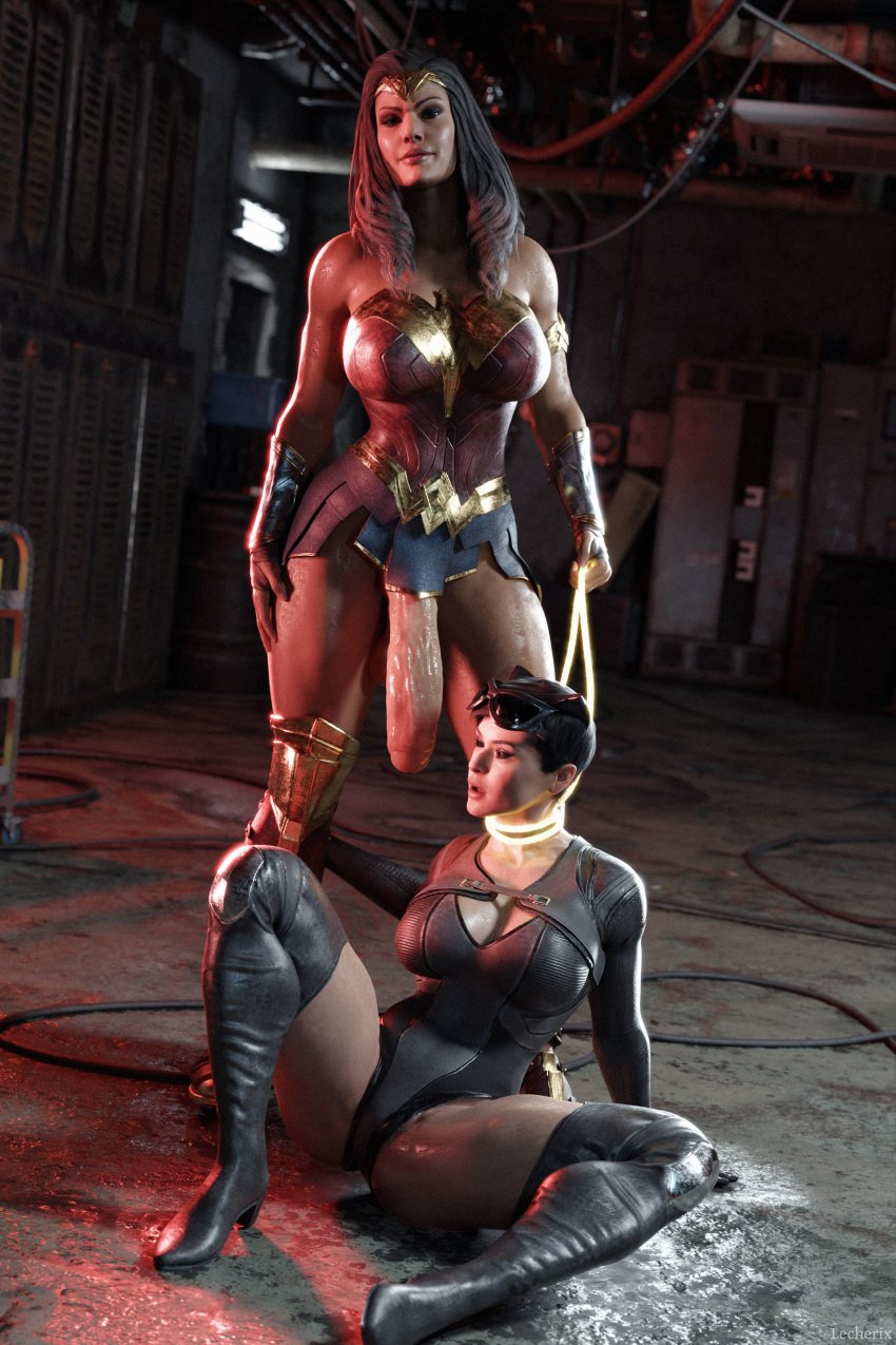 3d batman_(series) catwoman catwoman_(injustice) dc dc_comics diana_prince futanari hi_res injustice_2 lasso lasso_of_truth lecherix selina_kyle wonder_woman wonder_woman_(injustice) wonder_woman_(series)