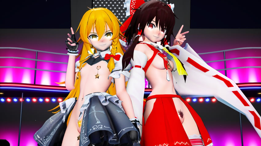 3d 3d_(artwork) 3d_model asawa barely_clothed blonde_hair bottomless breasts breasts_out brown_hair frontless_outfit looking_at_viewer marisa_kirisame mikumikudance mmd nipple_piercing nipples peace_sign podium pubic_hair red_eyes reimu_hakurei showing_off skirt touhou yellow_eyes